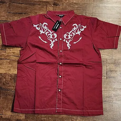 LIFE WAY Pearl Snap Embroidered Western Shirt Short Sleeve Red & Silver MENS L • $20.99