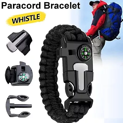 Survival Bracelet Compass Fire Camping Whistle Hiking Army Gear Paracord Black • $7.99