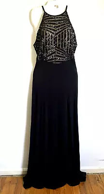 Vintage Masquerade Woman M Maxi Slinky Sexy Sequin Black Dress Open Back Halter • $32.96