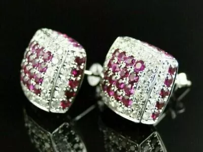 3Ct Round Cut Pink Ruby & VVS1 Diamond Cluster Stud Earring 14K White Gold Over • $104.99