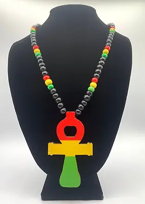 Wooden Ankh Cross Necklace Rasta Colors Egyptian Protection Religion Beads • $18