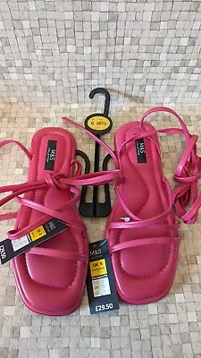 NWT M&S Size 6 Pink  EU 39 Strappy/Tie Flat Sandals Shoes Season 2023 • £12.99