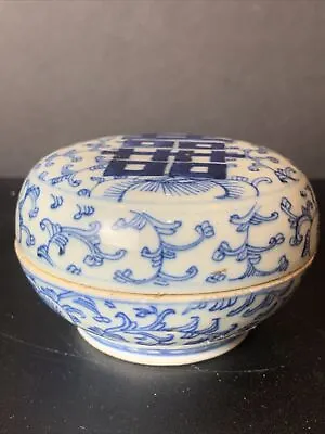 ANT 19th C. Chinese Qing Dynasty Blue & White Trinket Box Shou Double Happin • $299.99