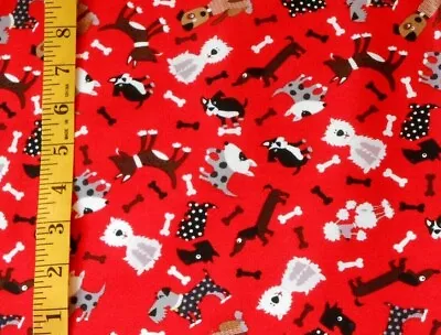Fabric - Novelty  Tossed Dogs On Red  Dachshunds Bones 100% Cotton - 1.25 Yards • $18