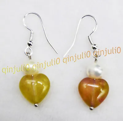 12mm Gemstone Heart-Shaped Beads & 7-8mm White Pearl Dangle Silver Hook Earrings • $4.42