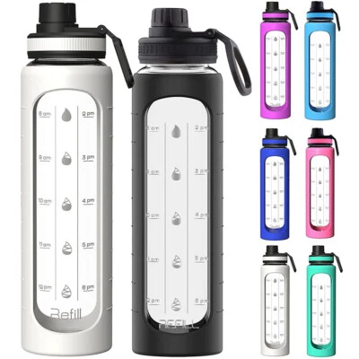 1L Glass Water Bottle Motivational Drink Flask W/ Time Marker BPA Free Sport Gym • $40.17