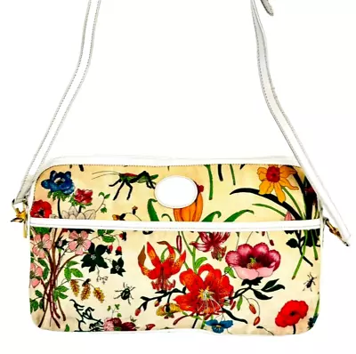 Gucci Vintage Flora Flower Canvas Shoulder Crossbody Bag Leather White Auth • $199