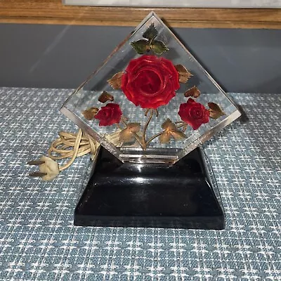 VTG Reverse Etched Lucite Red Rose Flower Desk Table Bedroom Lamp Light Works • $35