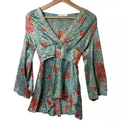 Alice & Trixie Faux Wrap Silk Blouse Top Tie Waist Angled Bell Sleeves  • $29