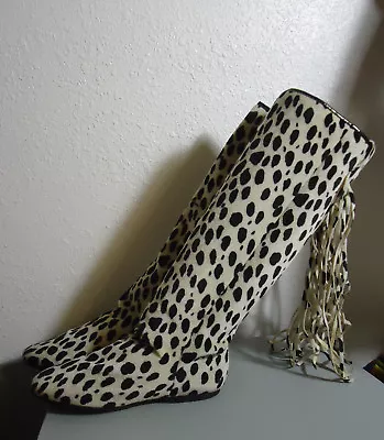 LN Vtg Fringed Leopard Animal Tall Boots 6.5 Soft Faux Fur Pull On USA Made READ • $94.50