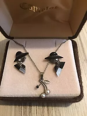 Vintage Camelot  Jewellery Set Silver Onyx Pearl Necklace & Earrings 925 • $34.81