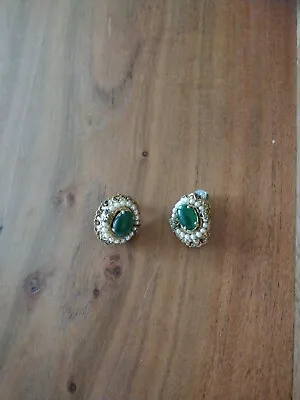 Vtg West Germany Rhinestone Earrings Green Faceted Pearl Gold Tone Filigree Clip • $29.99