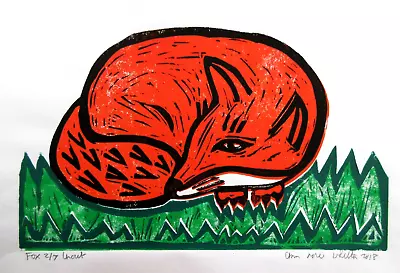 Original Lino Cut/Relief/Block Print Of Resting Fox By Ann Marie Whitton • £10