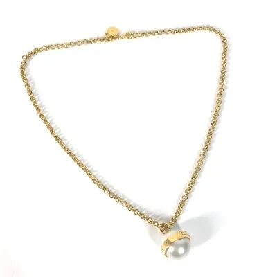 CELINE Vintage Faux Pearl Logo Pendant Accessories Necklace Gold Plated Gold • $235