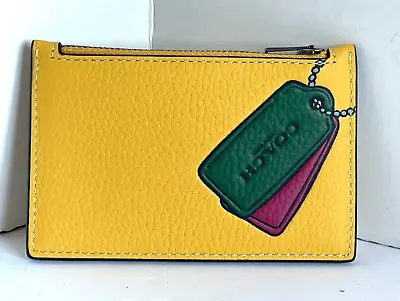 Coach Zip Card Case Wallet Mens Yellow Leather Slim Trompe L'oeil CH130 • $68