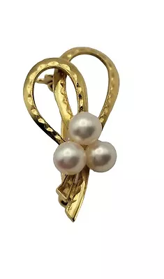 18k 750 Yellow Gold Mikimoto Pearl Ribbon Bow Brooch • $285