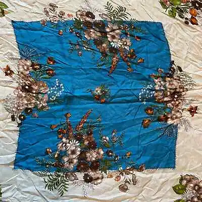 Vintage Square Scarf White Blue Floral Large 29 Inch Hair Fashion Kerchief • $12.99