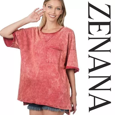 Plus 1x 2x 3x Zenana  Acid Wash Front Pocket Raw Edge Top/shirt/tee Bhcs • $14.99