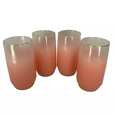 Blendo Drinking Glasses Tumblers Set 4 Coral Pink W Gold Trim Vintage 5” Tall • $24.50