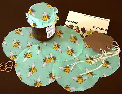 £3.95 • Buy Honey Bee Fabric Jam Jar Pot Covers, Pinked Edges, Labels, Bands & Free Post   