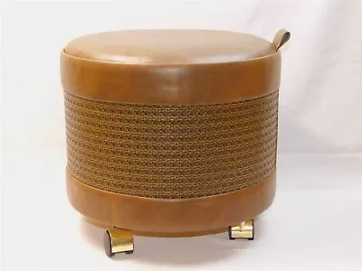 VTG Mid Century Faux Leather Rattan Brown Ottoman Cream With Storage Footstool • $92.95