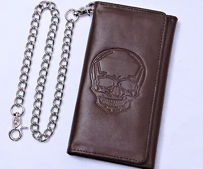 Men's RFID Blocking Brown Skull Trucker Trifold Genuine Leather Chain Wallet • $34.99
