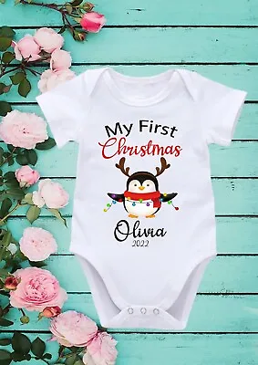 My First Christmas Cute Kids T-shirt Short Long Sleeve  Vest Rompersuit 564 • £7.99