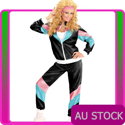 Ladies 80s Height Of Fashion Costume Black Retro Neon 1980s Shell Suit Tracksuit • $41.99
