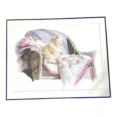 N.A. NOEL  LARGE Framed Matted Cat On A Quilt Registered Stamped Edition Print • $227.50