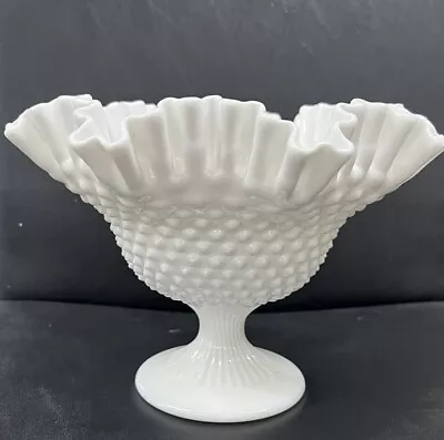 Vintage Fenton Pedestal Compote White Hobnail Milk Glass Ruffled Edge Dish • $12