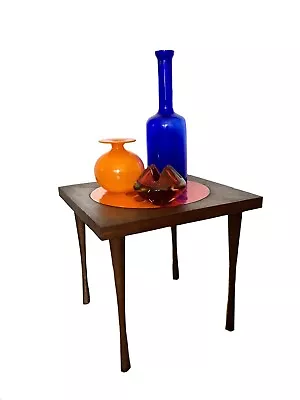 Mid Century Teak Wood Tapered Legs Orange Gold Copper Enamel Abstract Side Table • $375