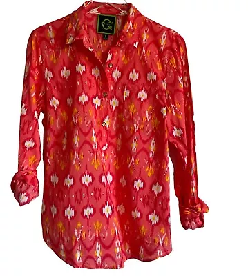 C. Wonder Orange Ikat Print Shirt Gold 3/4 Buttons Popover Size L • $12