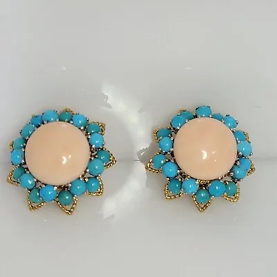 Van Cleef Arpels Vintage Coral & Turquoise 18k Yellow Gold Clip On Earrings VCA1 • $9000