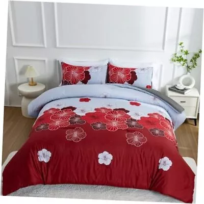  Floral Comforter Sheet Set Bed In A Bag 3 Pieces Size Flowers Soft Queen Red • $68.78