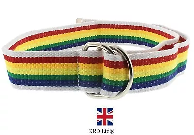 White Belt Rainbow Stripe Canvas Webbing Men Women Unisex D Ring LGBT Pride UK • £5.55