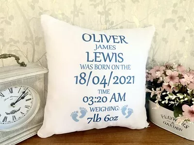 Personalised Cushion Pillow Case Cover Baby Birth Name Date Weight Boy Gift • £9.99