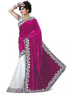 Women's Velvet & Rasal Net Half & Half Saree With Unstitched Blouse Piece Pink • £25.19