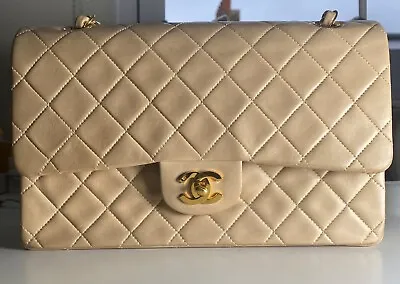 Chanel Beige Quilted Lambskin Vintage Medium Classic Double Flap Bag 24k Gold HW • £2900