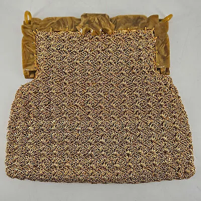 Vintage Gold Crocheted Knit Handbag Purse Bag Clutch Bakelite Handle 1940's • $22