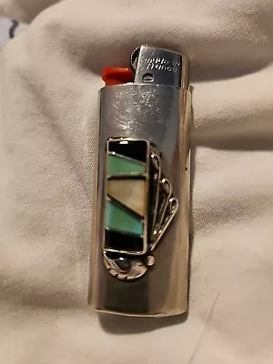 Vtg Lighter Case W/Sterling Leaf Turquoise Onyx MOP Cover Holder For Mini Bic • $69.88