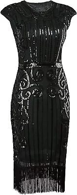 VIJIV 1920s Vintage Inspired Sequin Embellished Fringe Long Gatsby Flapper Dress • $142.35