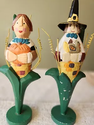 Midwest Of Cannon Falls Set/2 Wood Pilgrim Couple In Corn Thanksgiving Figures • $6.99