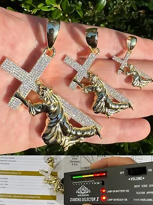 Real MOISSANITE Jesus Carrying Cross Pendant Iced Necklace 14k Gold & 925 Silver • $51.17