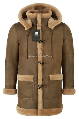 Men's Sheepskin Duffle Coat Hooded 100% Real Shearling Fur Winter B3 Coat F-42 • $621.68
