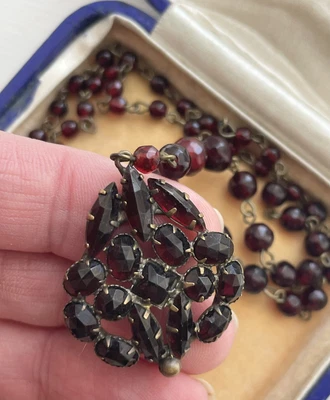 £138.50 • Buy Antique Bohemian Czech Garnet Yellow Metal Necklace Pendant Signed Free UK P&P