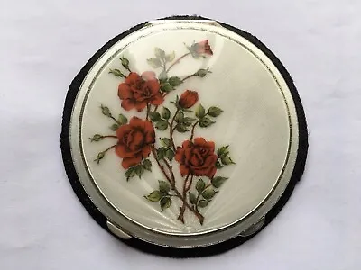 £285 • Buy BEAUTIFUL 1960s LARGE SILVER&GUILLOCHE ENAMEL ROSES PATTERN POWDER COMPACT&POUCH