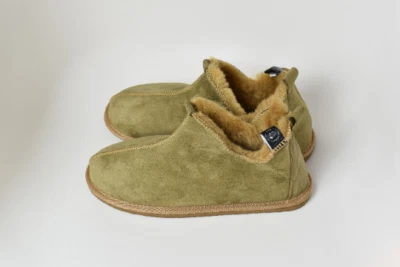 Men's Women's Olive Sheepskin Slippers 100% Real Fur Hand Crafted HARD SOLE • £54.99