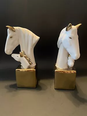 Set Of 2 Vintage Horse Head Colt Glazed White Ceramic With Gold Bookends 8” Tall • $9.99