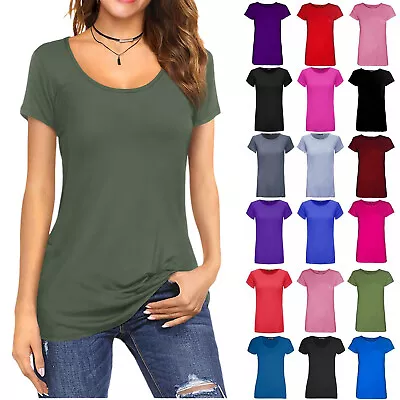 Womens Cap Short Sleeve Round Scoop Neck Plain T-shirt Fitted Tee Top Uk 8-26 • £5.97