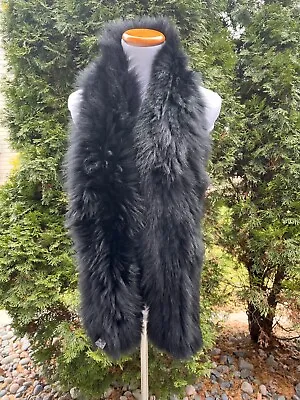 SAKS FIFTH AVENUE BLACK GENUINE FOX FUR Knitted Scarf Wrap Shawl Boa 62 Inches • $159.99